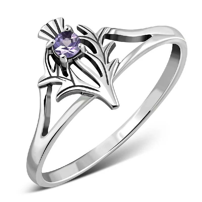 Amethyst Stone Scottish Thistle Silver Ring