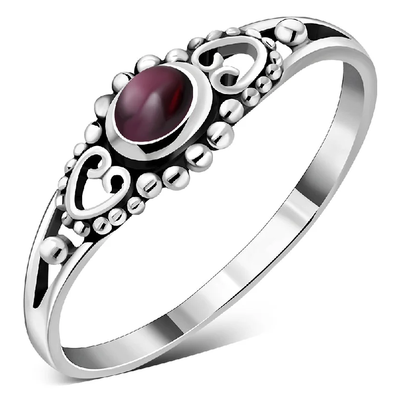 Thin Heart Garnet Stone Silver Ring