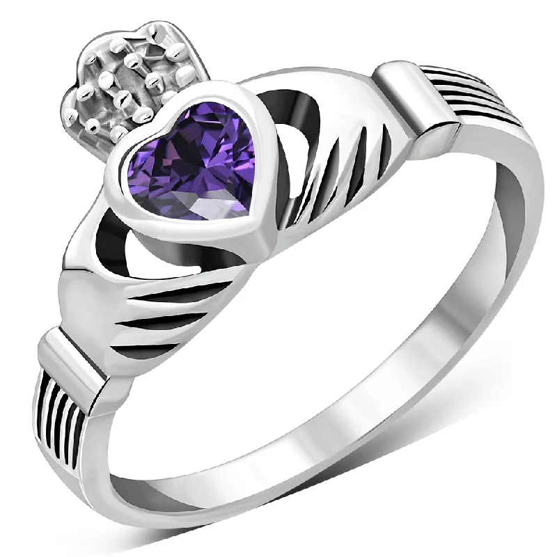 Irish Claddagh Sterling Silver Ring set w/ Amethyst CZ