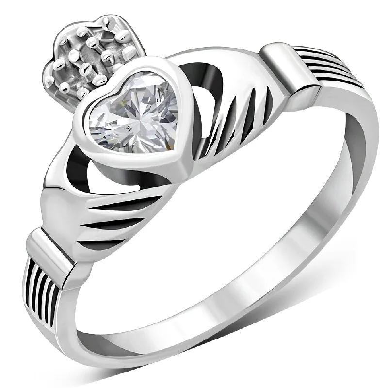 Irish Claddagh Sterling Silver Ring set w/ Clear CZ