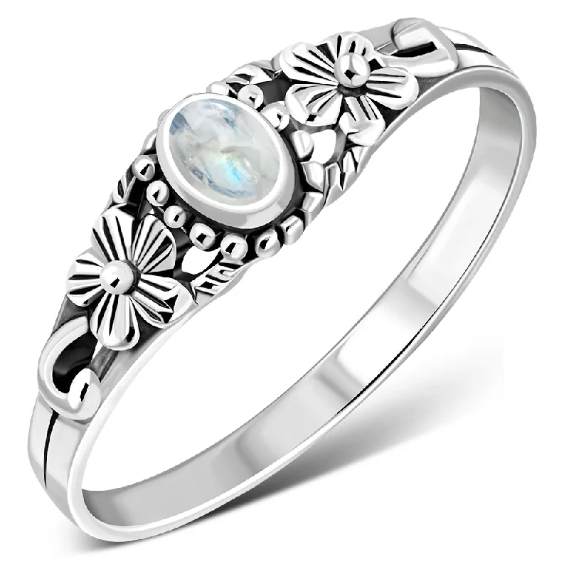 Rainbow Moonstone Flowers Silver Ring