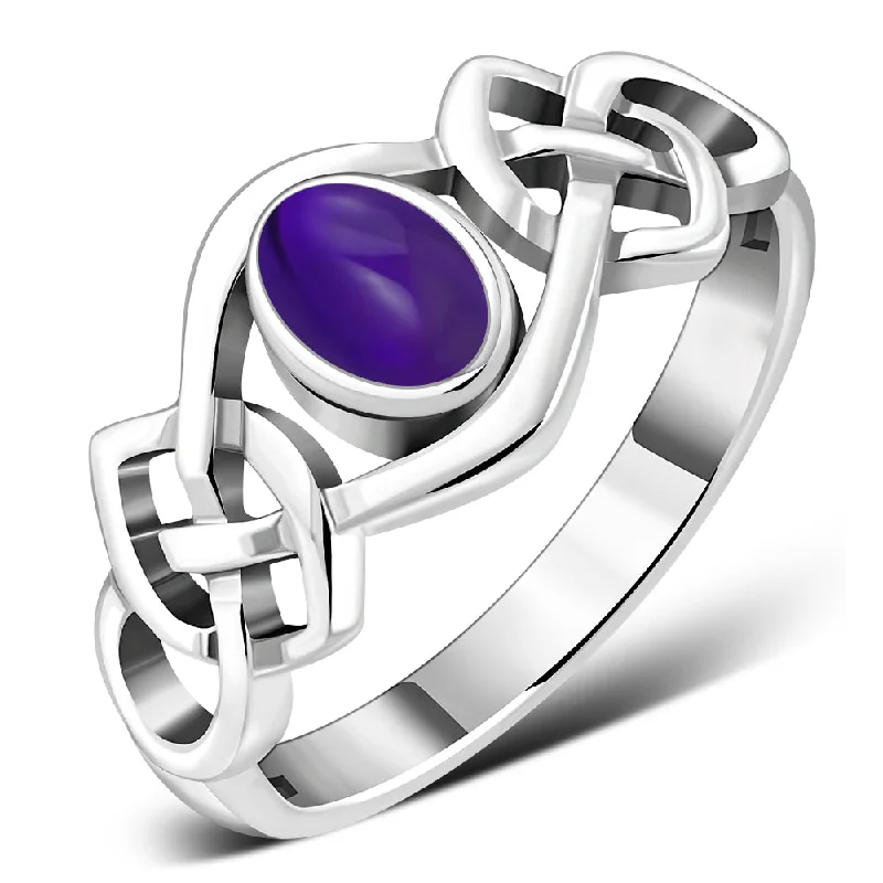 Amethyst Stone Cabochon Celtic Knot Silver Ring