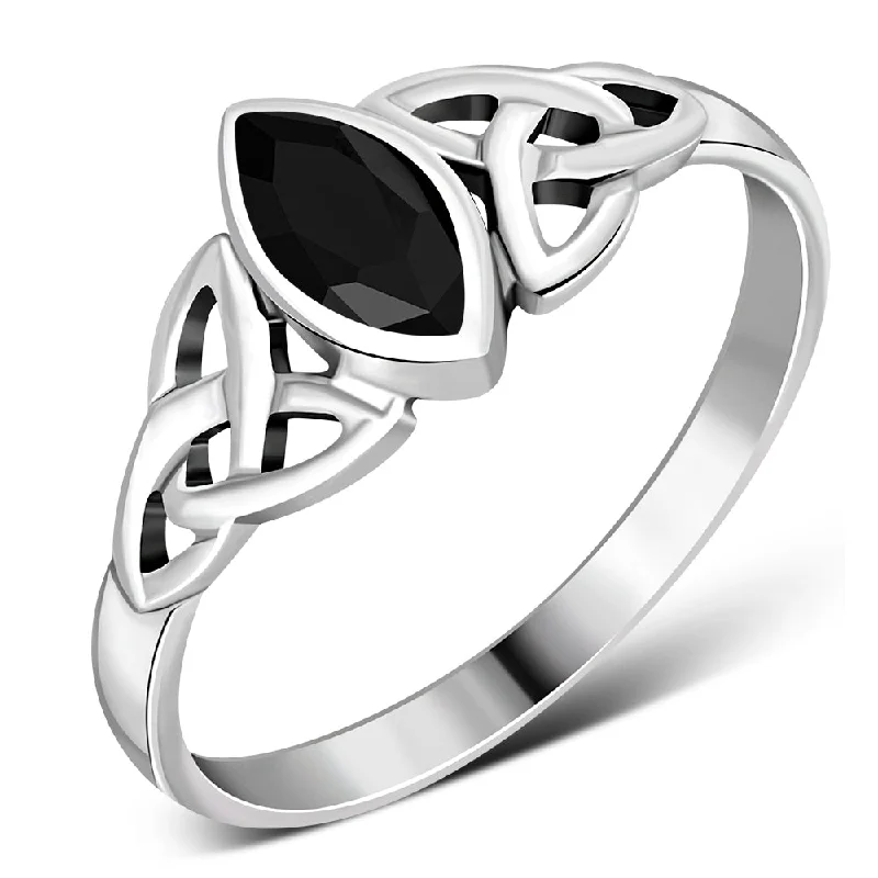 Marquise cut Black Onyx Stone Celtic Silver Ring