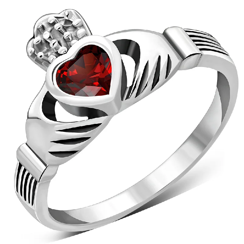 Irish Claddagh Sterling Silver Ring set w/ Garnet CZ