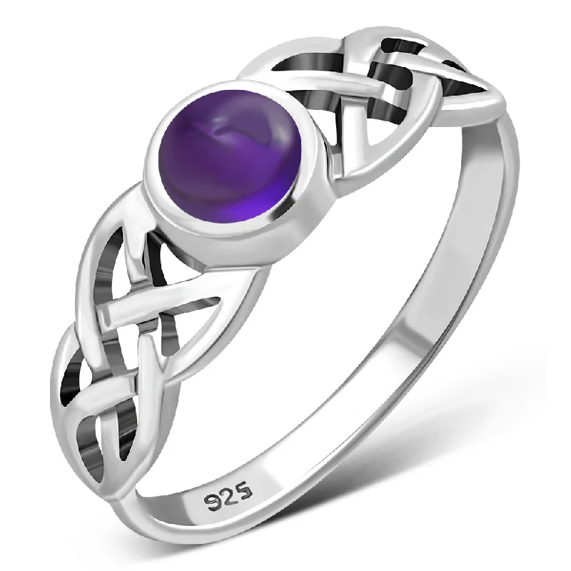 Irish Gaelic Celtic Knot 925 Sterling Silver Ring With Amethyst Stone