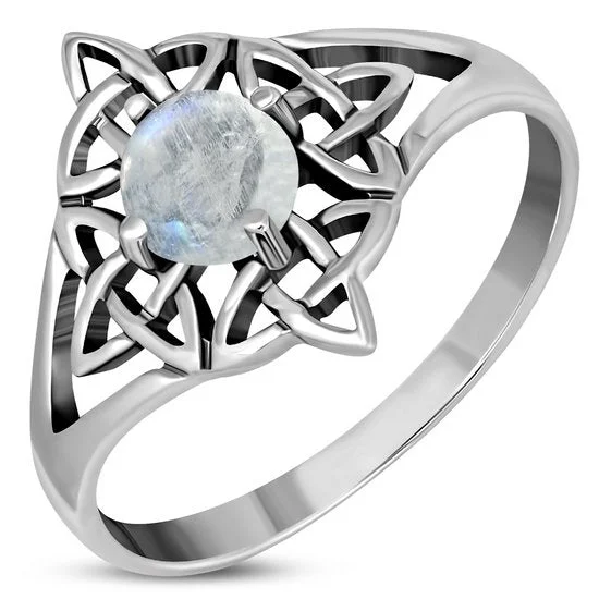 Rainbow Moonstone Celtic Knot Silver Ring