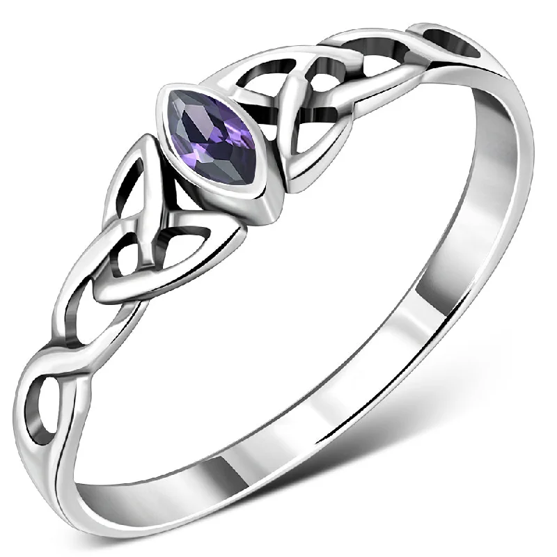 Celtic Thin Trinity Knot Silver Ring set w/ Amethyst Stone