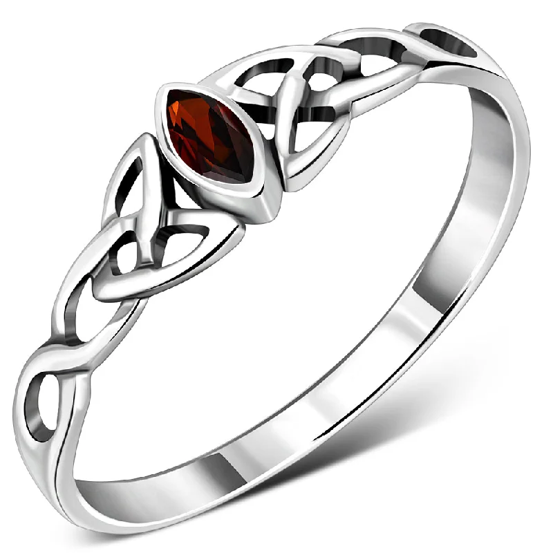 Celtic Thin Trinity Knot Silver Ring set w/ Garnet Stone