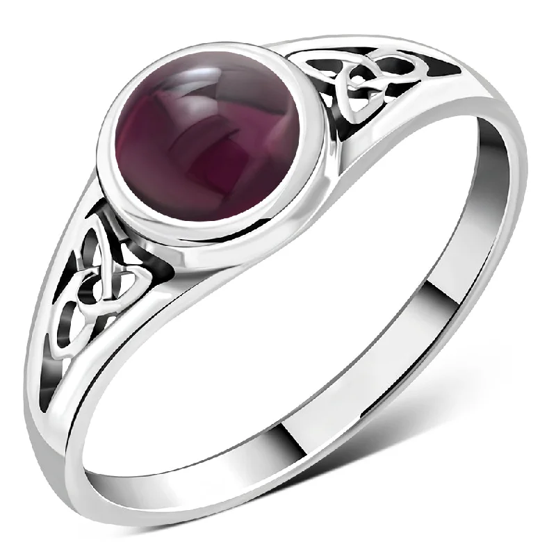 Garnet Stone Trinity Knot Silver Ring