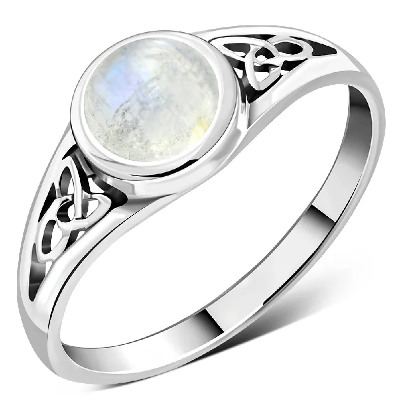 Rainbow Moonstone Trinity Knot Silver Ring