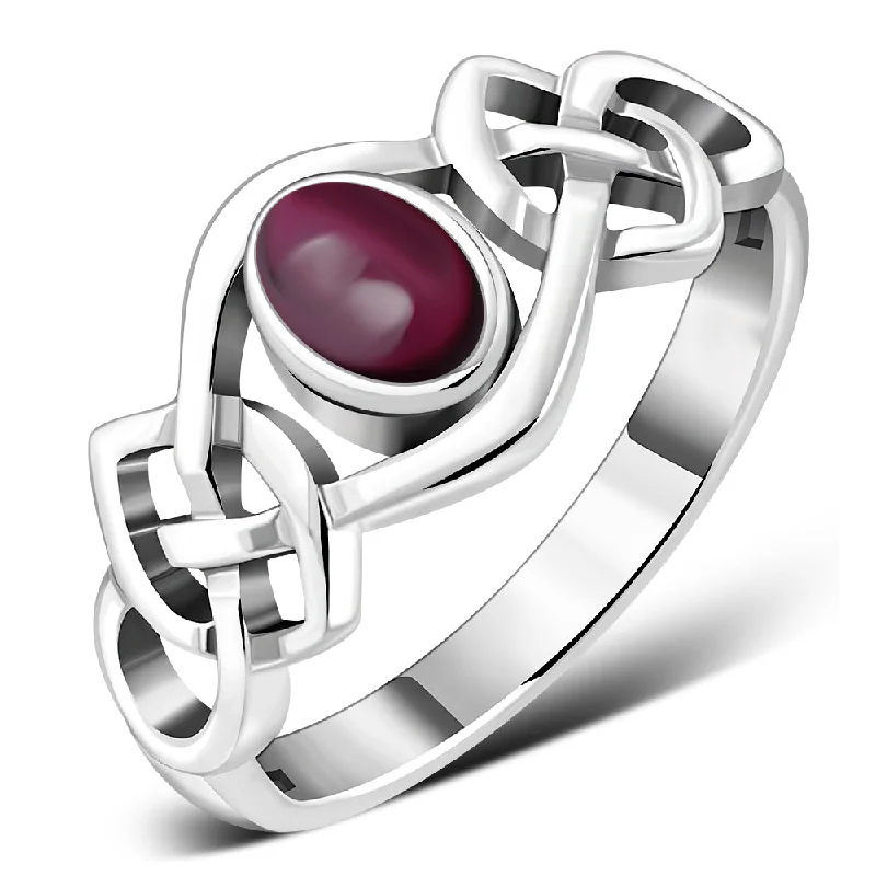 Garnet Cab Celtic Knot Sterling Silver Ring