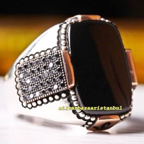 925 Sterling Silver Antique Popular Black Onyx Stone Mens Ring