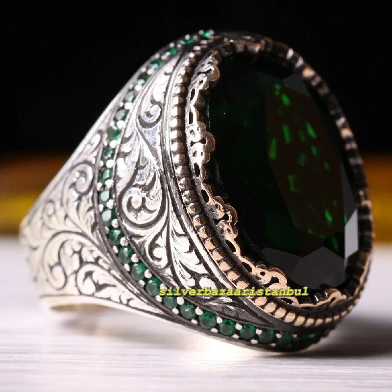 925 Sterling Silver Authentic Green Emerald Stone Mens Ring