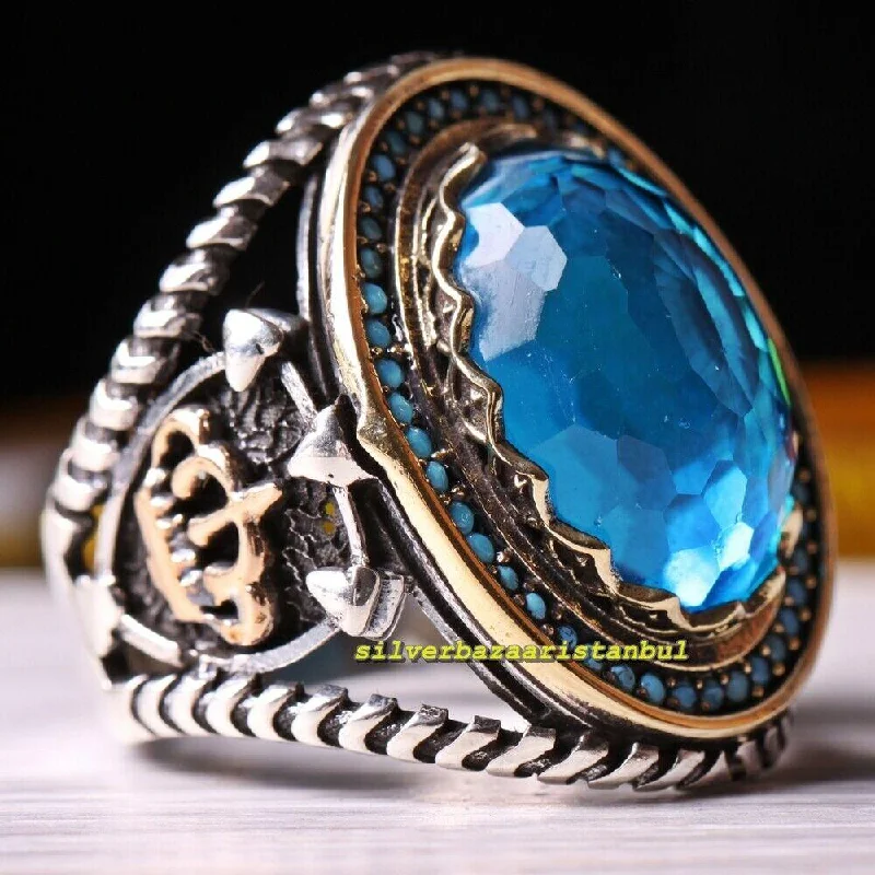 925 Sterling Silver Crown of a King Aquamarine Stone Mens Ring