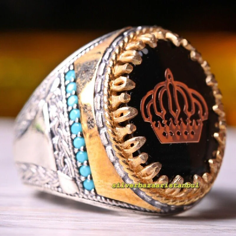 925 Sterling Silver Crown Onyx and Turquoise Stone Mens Ring