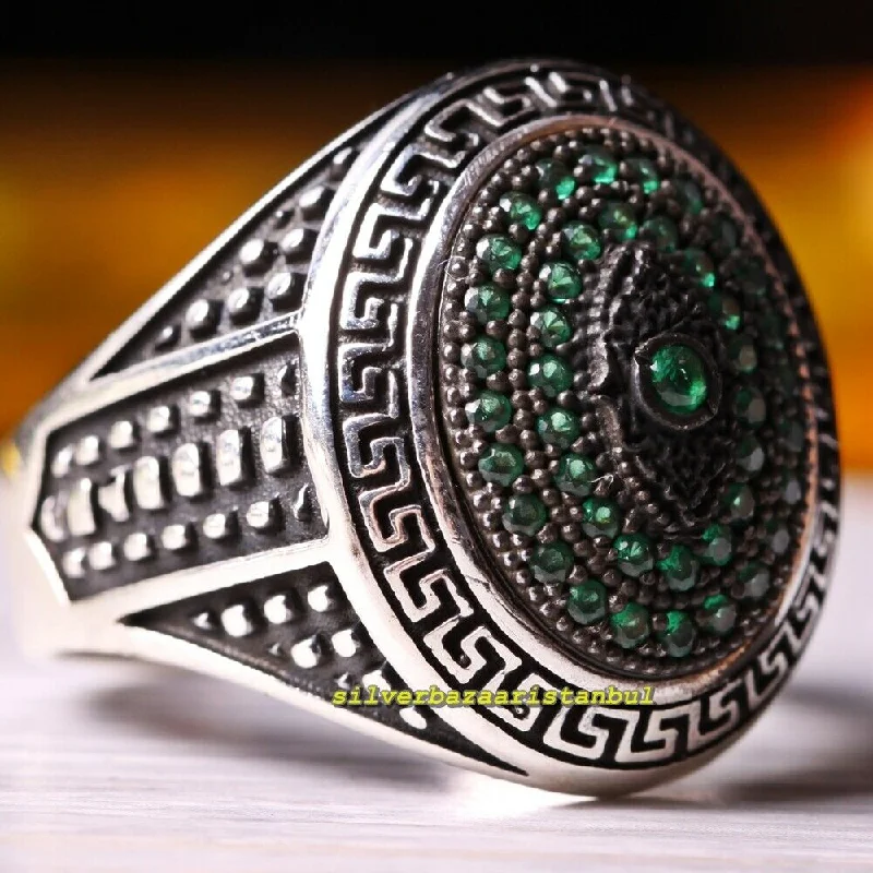 925 Sterling Silver Emerald Stone Green Oval Mens Ring