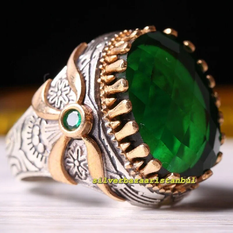 925 Sterling Silver Faceted Emerald Green Stone Mens Ring