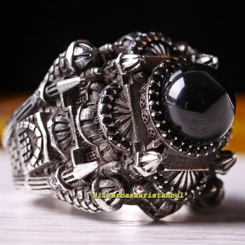 925 Sterling Silver Islamic Mosque Black Onyx Stone Mens Ring