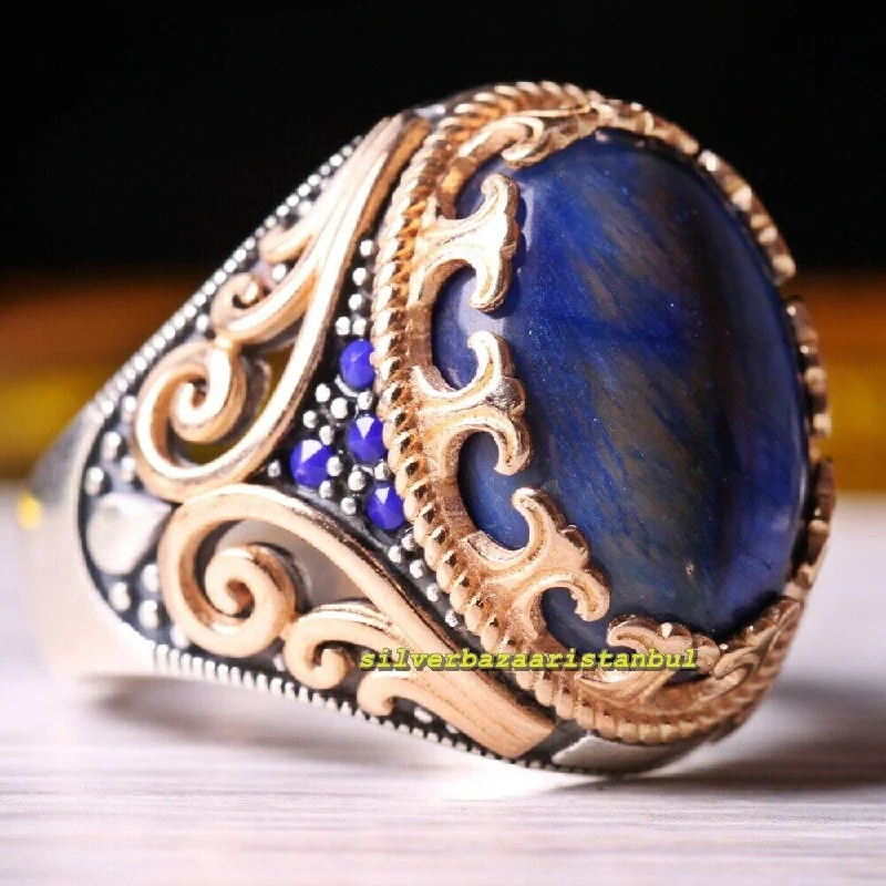 925 Sterling Silver Natural Blue Tigers Eye Stone Mens Ring