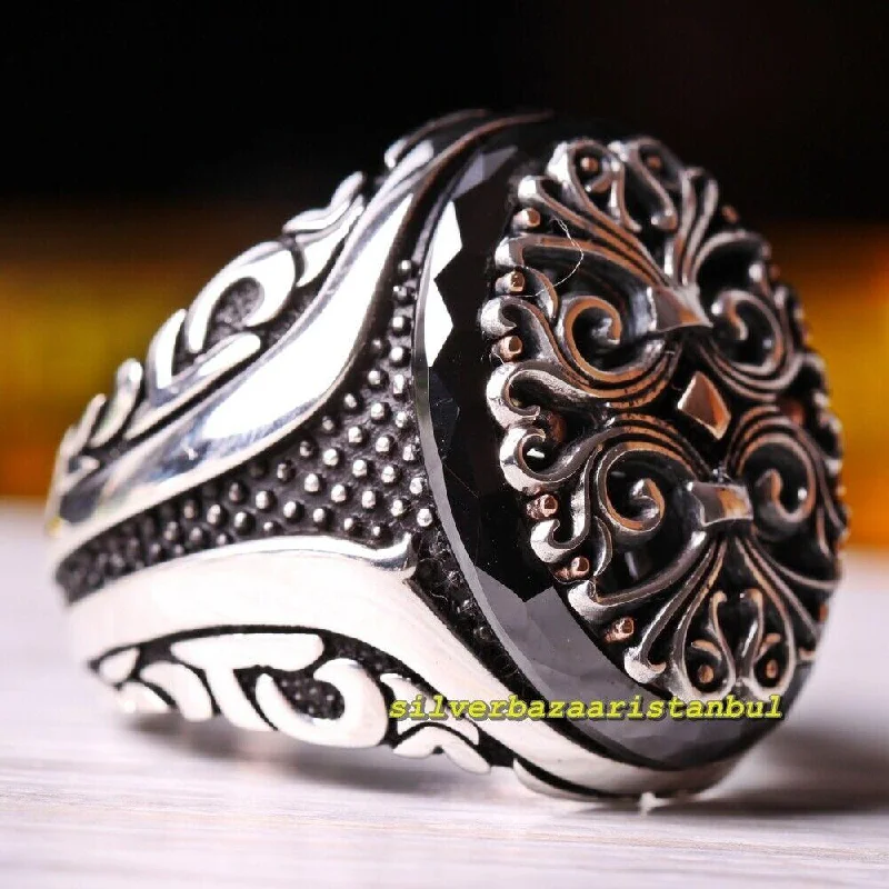 925 Sterling Silver Natural Heavy Onyx Stone Mens Ring