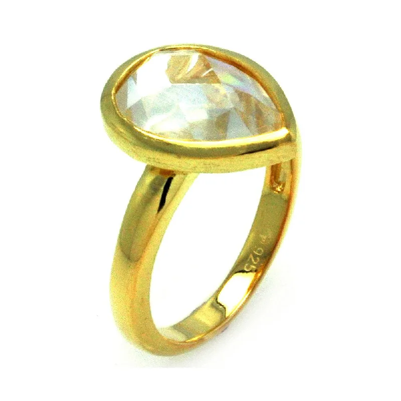 925 Sterling Silver Nickel Free Gold Plated Teardrop Clear CZ Ring - STR00882