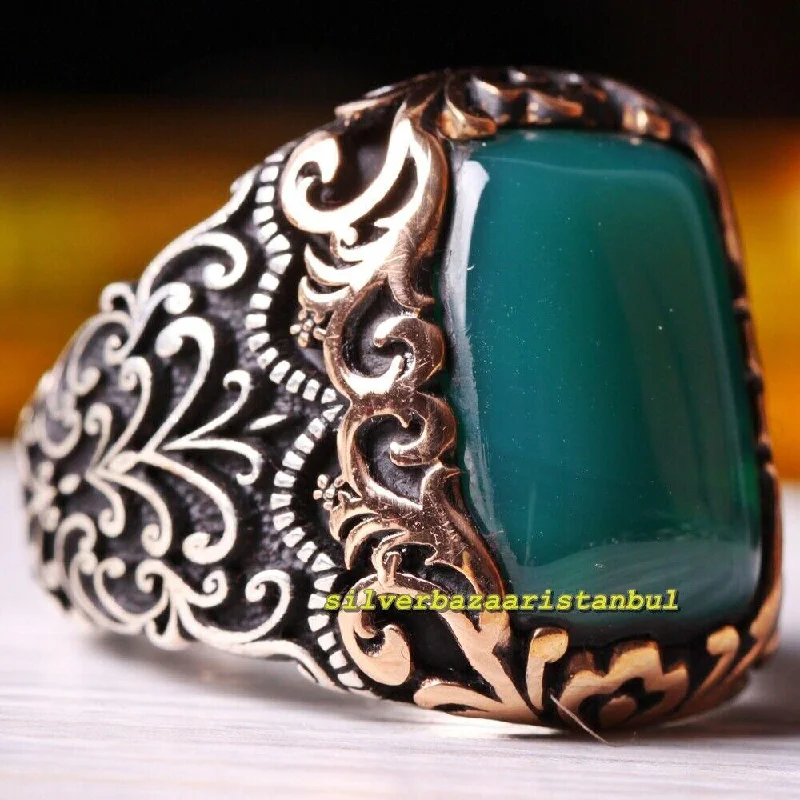 925 Sterling Silver Original Green Agate Aqeeq Stone Mens Ring