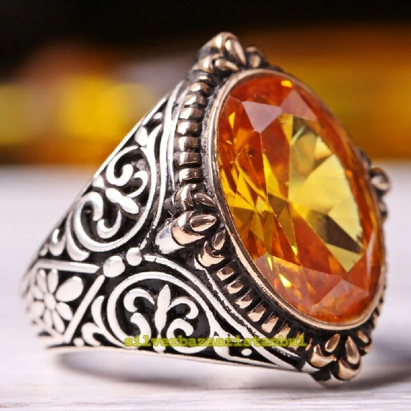 925 Sterling Silver Original Yellow Citrine Stone Mens Ring