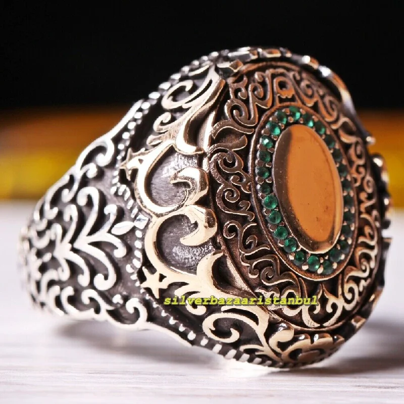 925 Sterling Silver Oval Green Multi Emerald Stone Mens Ring