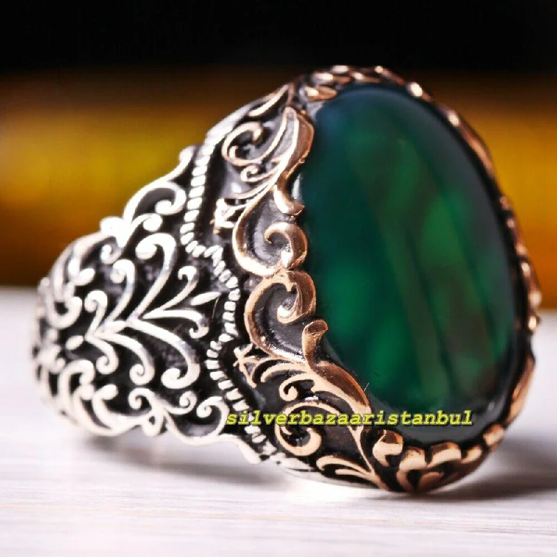 925 Sterling Silver Popular Green Agate Aqeeq Stone Mens Ring