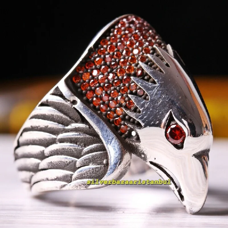 925 Sterling Silver Silver Eagle Citrine Stone Mens Ring