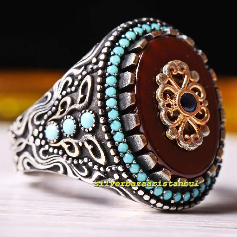 925 Sterling Silver Soft Agate Aqeeq and Turquoise Stone Mens Ring