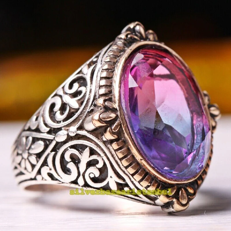 925 Sterling Silver Turkish Nice Color Tourmaline Stone Mens Ring