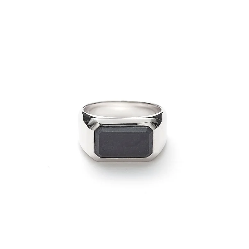 Hope Rectangle Signet Matte Silver Ring w. Onyx