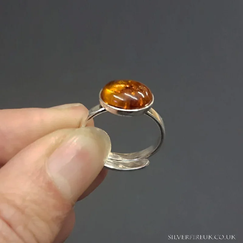 Amber Silver Ring - Adjustable