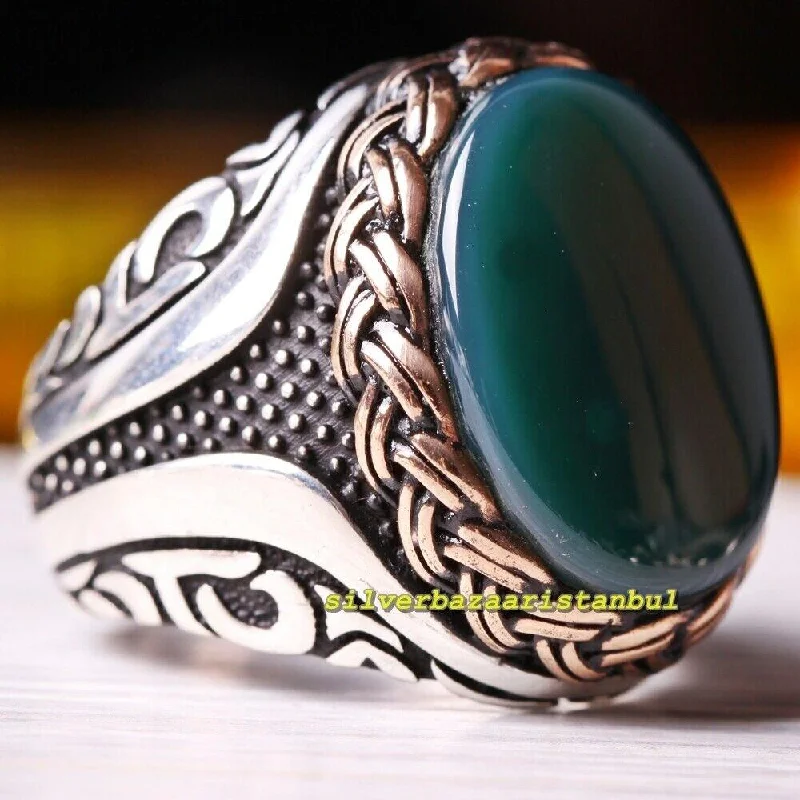 Antique Handmade 925 Sterling Silver Green Agate Aqeeq Stone Mens Ring