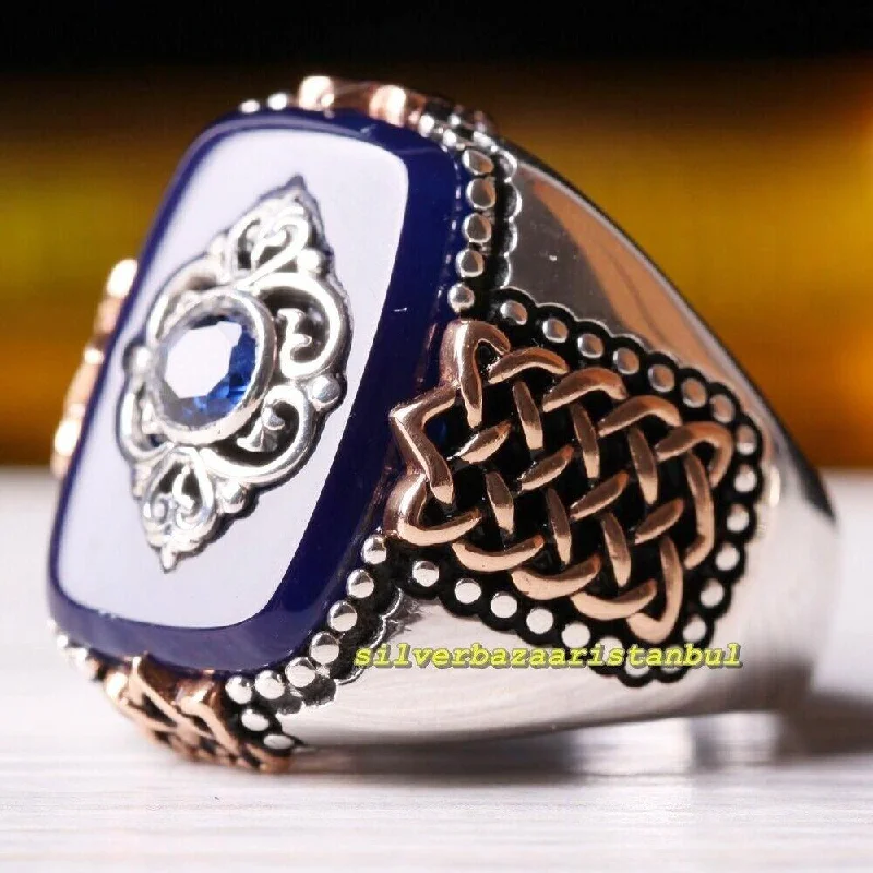 Antique Handmade 925 Sterling Silver Sapphire Stone Mens Ring