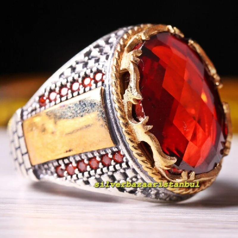 Beautiful 925 Sterling Silver Ruby and Citrine Stone Mens Ring