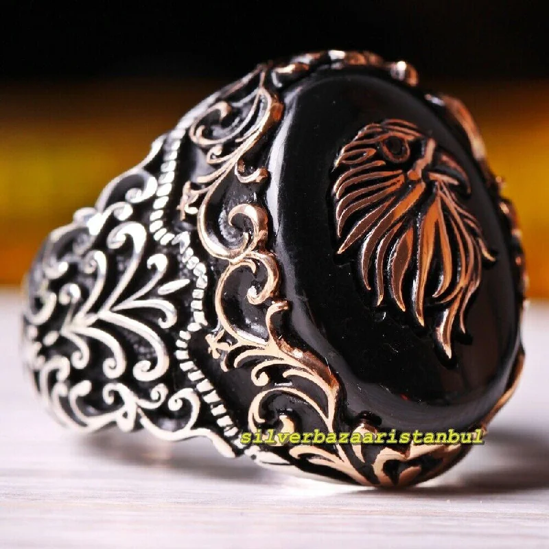 Eagle Design 925 Sterling Silver Natural Onyx Stone Mens Ring