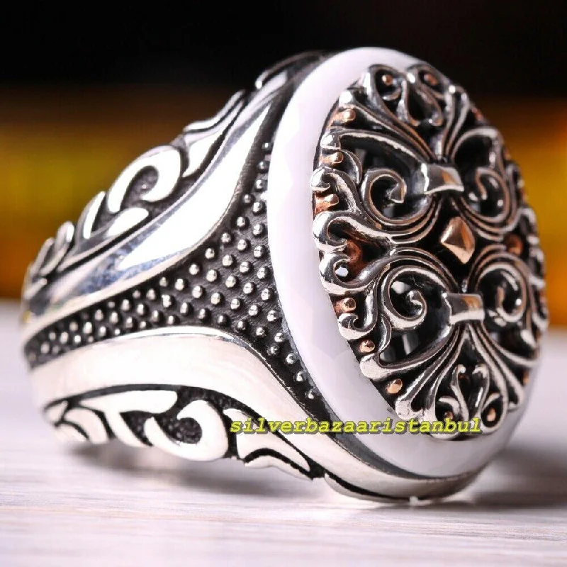 Exclusive Handmade 925 Sterling Silver White Agate Stone Mens Ring