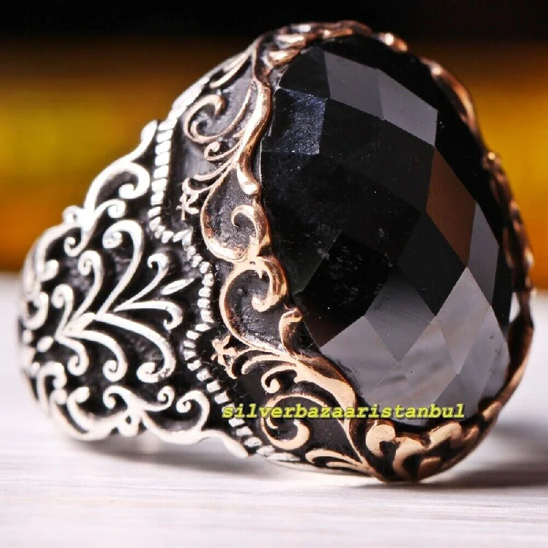 Faceted Black Onyx Stone Heavy 925 Sterling Silver Mens Ring