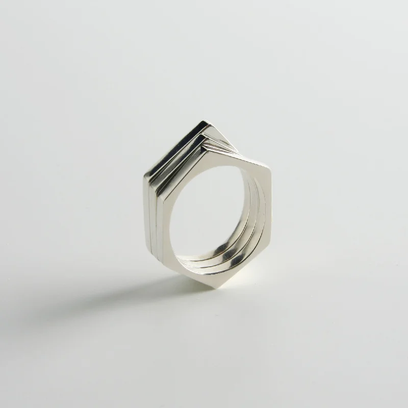 Minrl | Random Polygons Three Hexagons Silver Rings