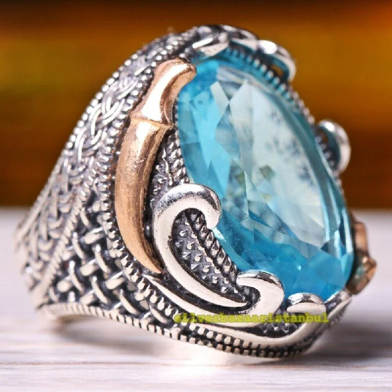 Handmade 925 Sterling Silver Bright Aquamarine Stone Mens Ring