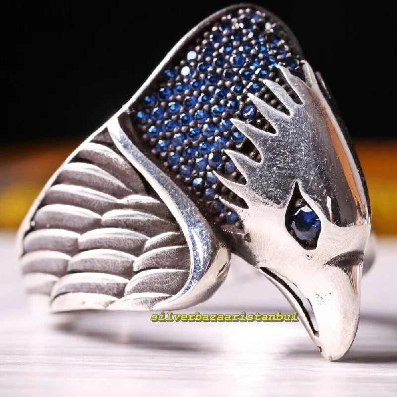 Handmade 925 Sterling Silver Eagle Blue Sapphire Stone Mens Ring