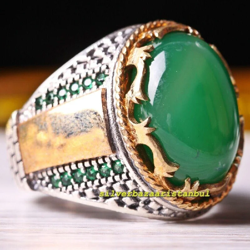 Handmade 925 Sterling Silver Green Emerald and Aqeeq Stone Mens Ring