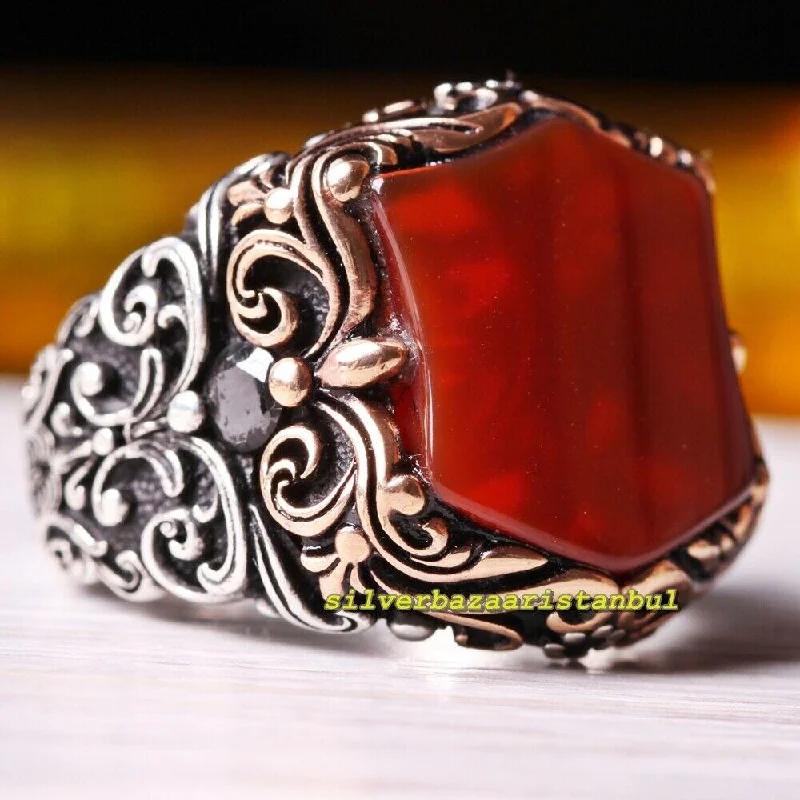 Handmade 925 Sterling Silver Hexagon Red Agate Aqeeq Stone Mens Ring