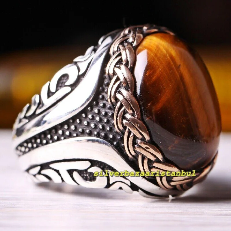 Handmade 925 Sterling Silver Natural Tigers Eye Stone Mens Ring