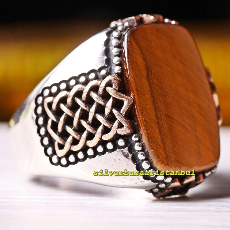 Handmade 925 Sterling Silver Natural Tigers Eye Stone Mens Ring