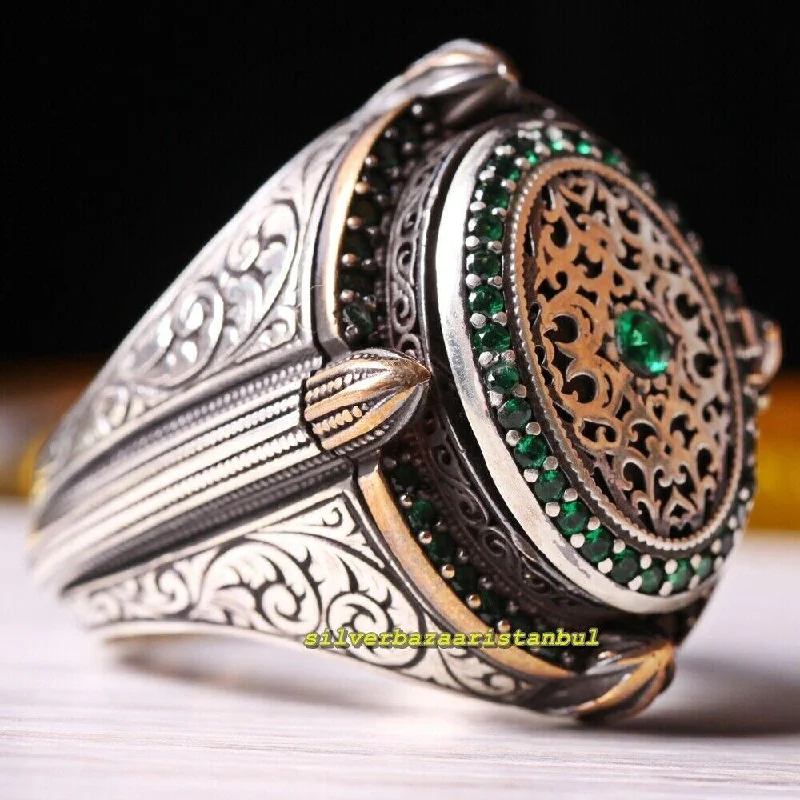 Islamic 925 Sterling Silver Emerald Stone Mosque Design Mens Ring