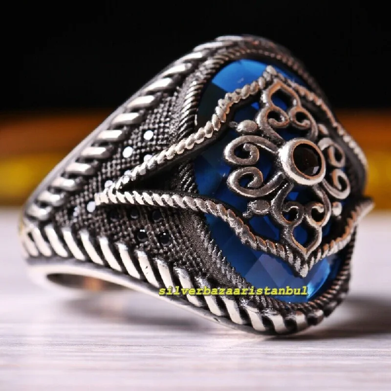 Ottoman 925 Sterling Silver Blue Sapphire Mens Ring