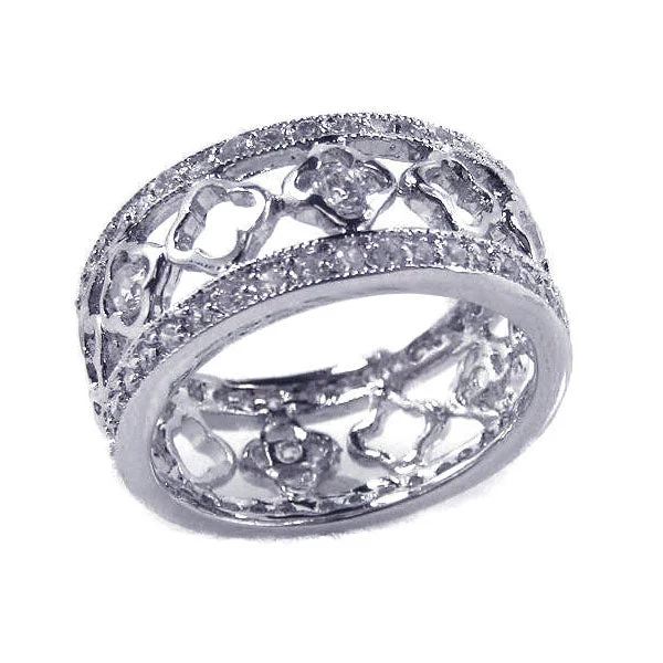 Silver 925 Rhodium Plated Flower 10mm Band Alternating CZ Ring - BGR00112